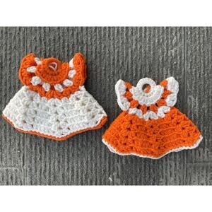 Vintage set 2 Kitschy‎ Handmade “Dress”Potholders ADORABLE unused Orange White